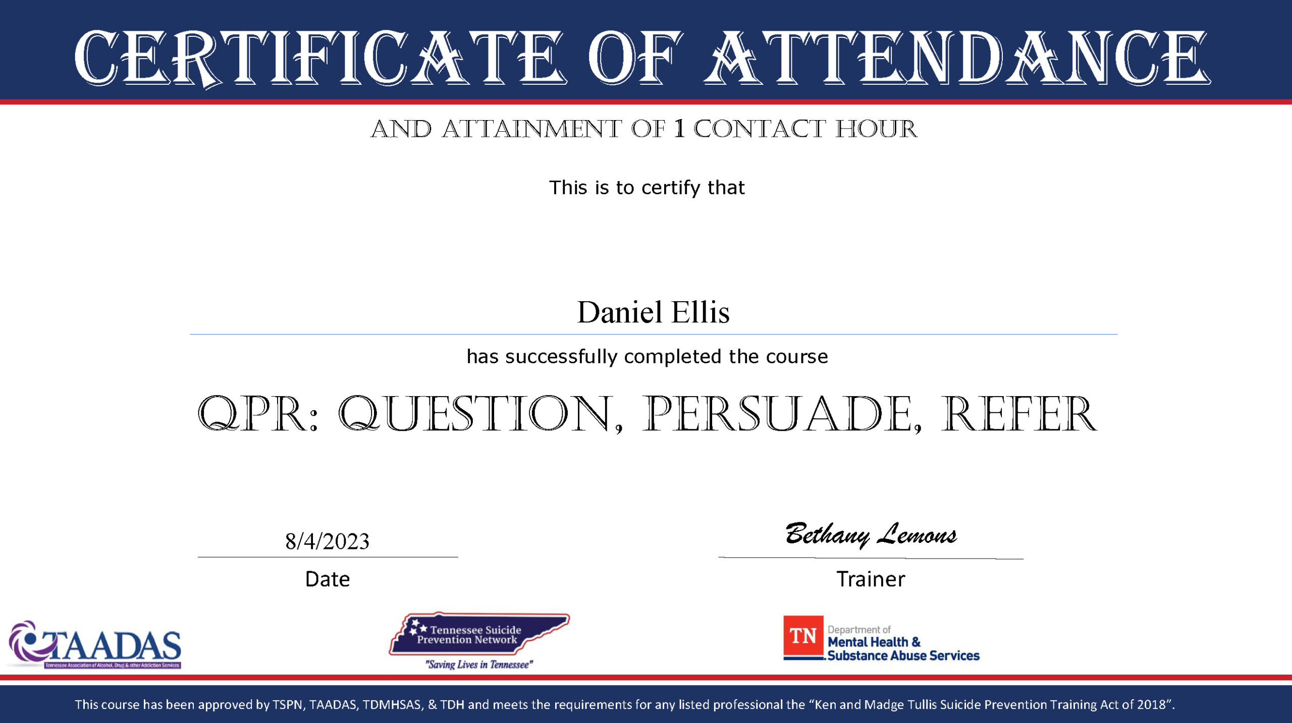 Photo of Certificate from QPR Training