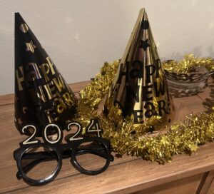 New Year’s comical glasses with 2024 on top. Comical New Year’s hats necklaces