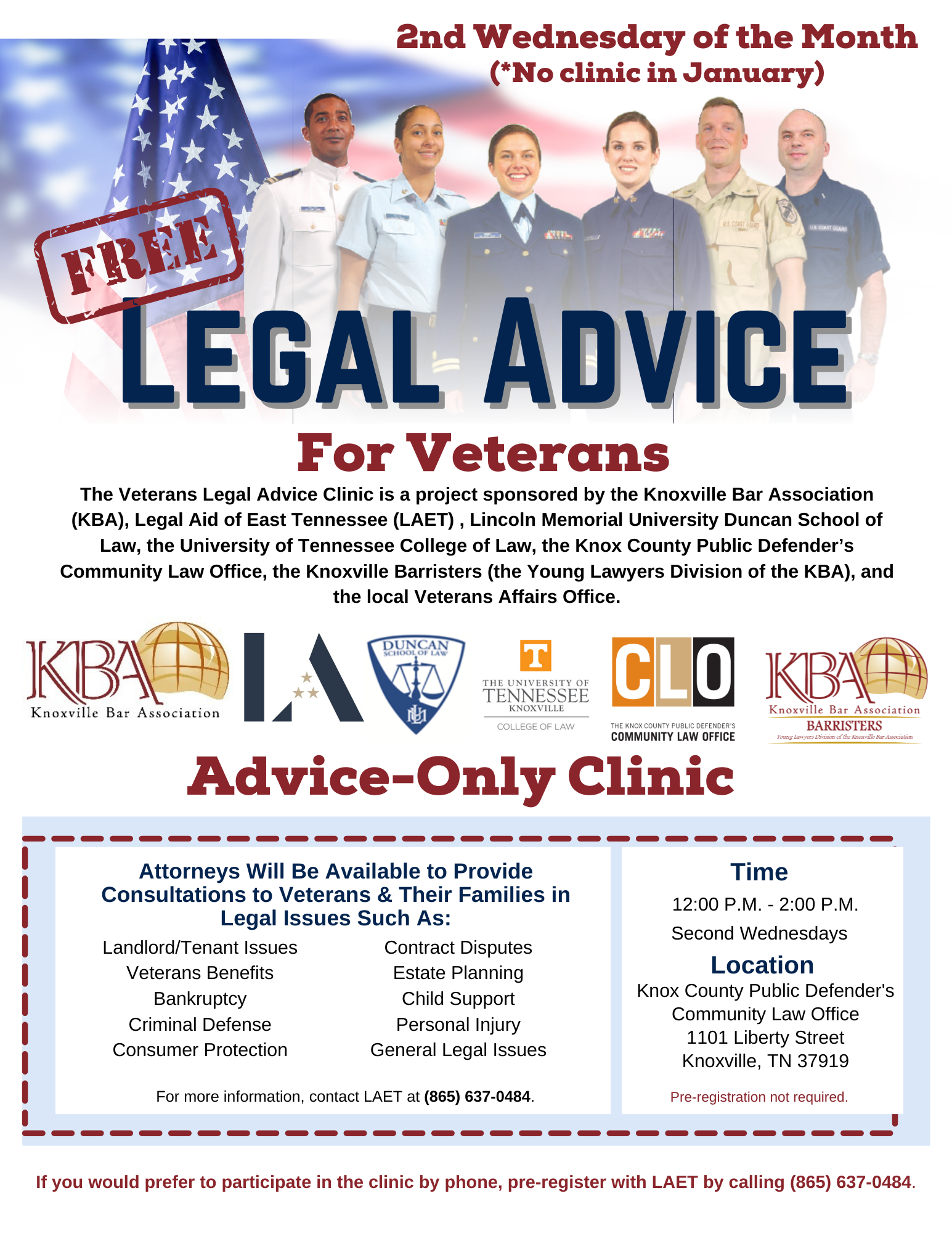 Flyer sharing same information as in blog post regarding February 14, 2024 Legal Advice Clinic for Veterans from noon to 2pm at the Community Law Office in Knoxville, TN